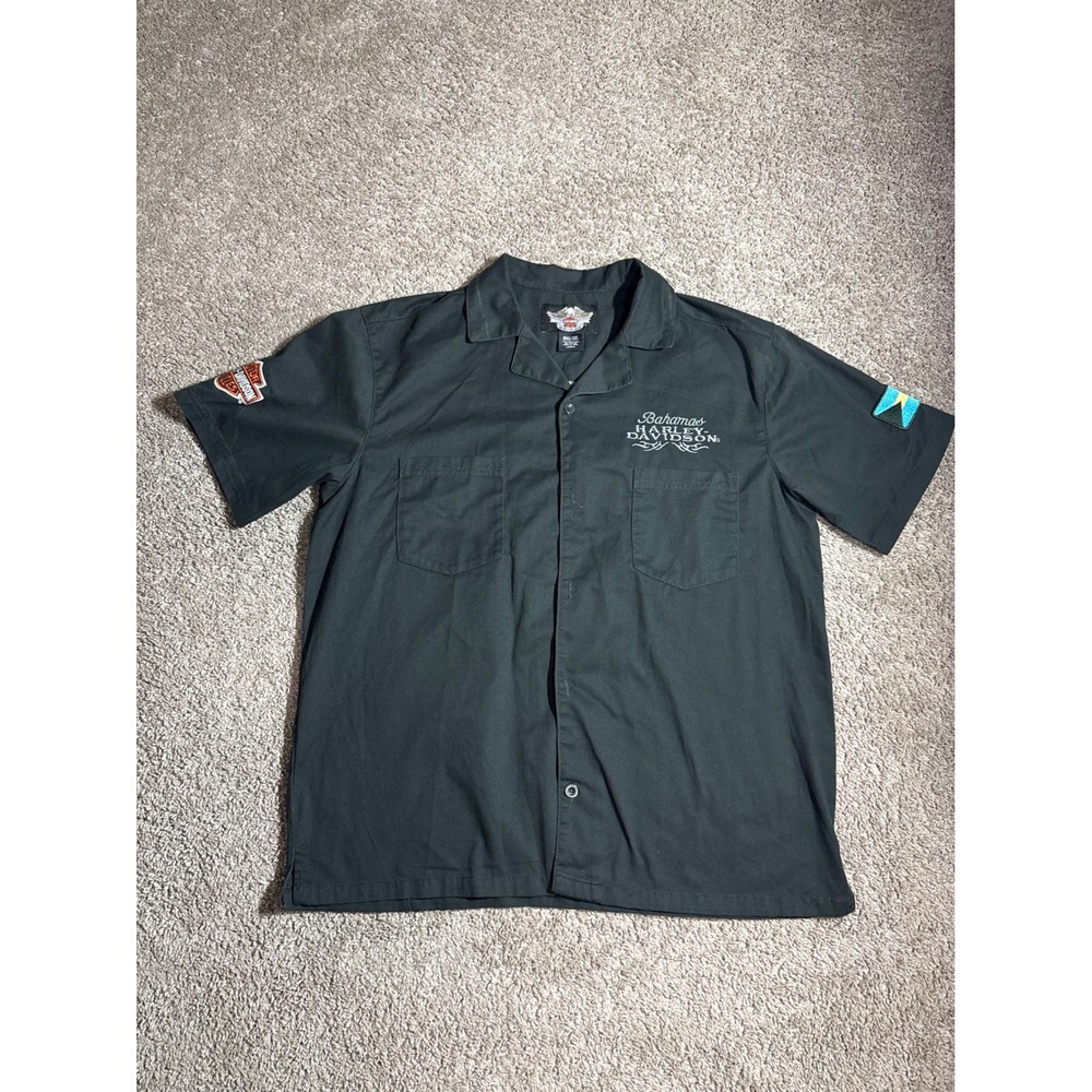 Y2K Harley-Davidson Bahamas Mens Large Black Embroidered Mechanic Work Shirt